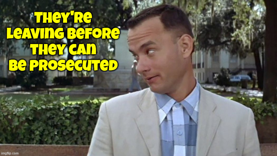 Forrest Gump Face | They're leaving before they can be prosecuted | image tagged in forrest gump face | made w/ Imgflip meme maker