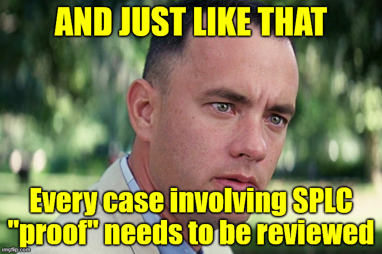 And Just Like That Meme | And just like that Every case involving SPLC "proof" needs to be reviewed | image tagged in memes,and just like that | made w/ Imgflip meme maker