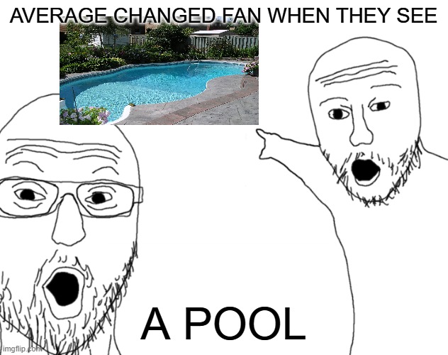 average changed fan when they see a pool | average changed fan when they see; a pool | image tagged in soyjak pointing,changed,pool,video games | made w/ Imgflip meme maker
