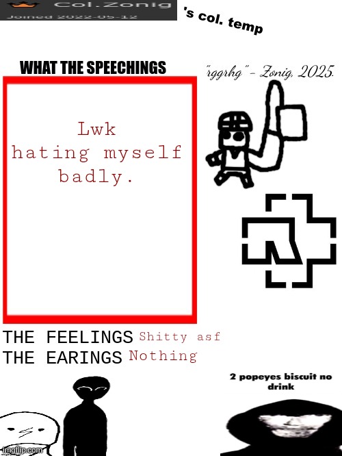 Col.Zonig's col. temp rgh | Lwk hating myself badly. Shitty asf; Nothing | image tagged in col zonig's col temp rgh | made w/ Imgflip meme maker