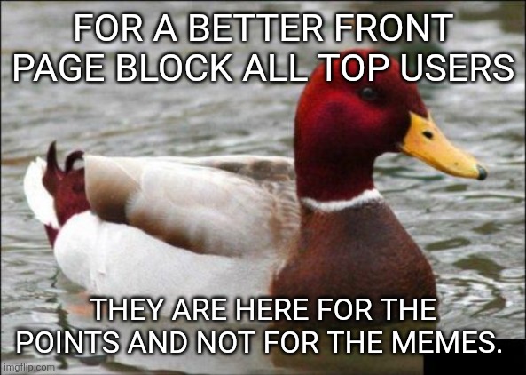 I'm not actually sure if this is considered malicious advice lately. | For a better front page Block all top users; They are here for the points and not for the memes. | image tagged in memes,malicious advice mallard | made w/ Imgflip meme maker