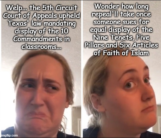 If you rip the lid off the can, better not whine about there being worms everywhere... | Wonder how long
repeal'll take once
someone sues for
equal display of the
Nine Tenets, Five
Pillars and Six Articles
of Faith of Islam; Welp... the 5th Circuit
Court of Appeals upheld
Texas' law mandating
display of the 10
Commandments in
classrooms... | image tagged in kombucha girl,religion,public schools,texas,law,can of worms | made w/ Imgflip meme maker