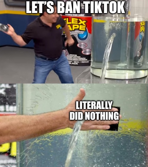 Flex Seal Still Leaking | Let’s ban TikTok; Literally did nothing | image tagged in flex seal still leaking | made w/ Imgflip meme maker