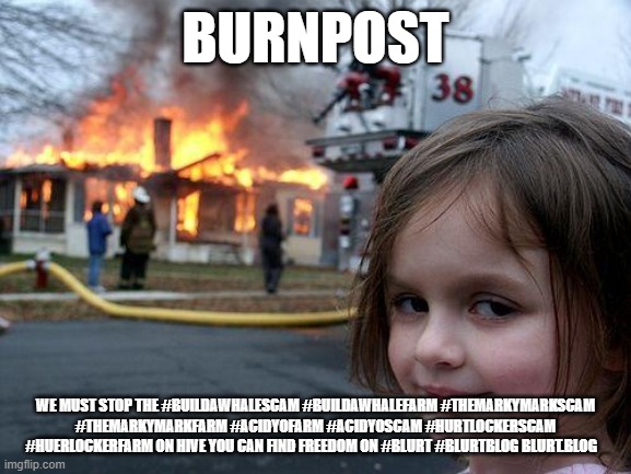 Disaster Girl Meme | Burnpost; we must stop the #buildawhalescam #buildawhalefarm #themarkymarkscam #themarkymarkfarm #acidyofarm #acidyoscam #hurtlockerscam #huerlockerfarm on Hive you can find freedom on #blurt #blurtblog blurt.blog | image tagged in memes,disaster girl | made w/ Imgflip meme maker
