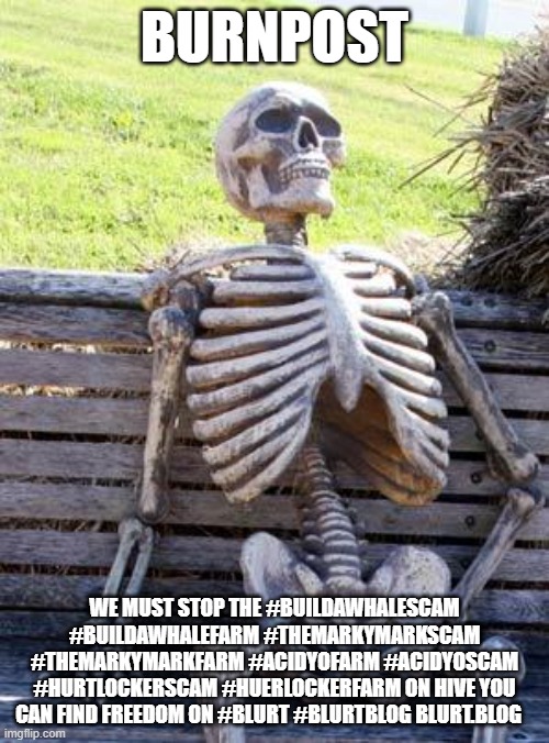 Waiting Skeleton Meme | Burnpost; we must stop the #buildawhalescam #buildawhalefarm #themarkymarkscam #themarkymarkfarm #acidyofarm #acidyoscam #hurtlockerscam #huerlockerfarm on Hive you can find freedom on #blurt #blurtblog blurt.blog | image tagged in memes,waiting skeleton | made w/ Imgflip meme maker