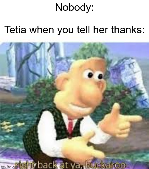 right back at ya, buckaroo | Nobody:
 
Tetia when you tell her thanks: | image tagged in right back at ya buckaroo,memes,anime meme,witch hat atelier | made w/ Imgflip meme maker