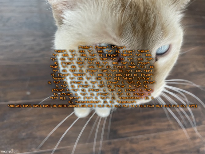 .json | {"Adder": {"nodes": [{"type": "INPUT", "x": -180, "y": -180, "id": 0}, {"type": "INPUT", "x": -180, "y": -120, "id": 1}, {"type": "INPUT", "x": -180, "y": -60, "id": 2}, {"type": "XOR", "x": -60, "y": -180, "id": 3}, {"type": "XOR", "x": 60, "y": -180, "id": 4}, {"type": "AND", "x": -60, "y": -120, "id": 5}, {"type": "AND", "x": -60, "y": -60, "id": 6}, {"type": "OR", "x": 60, "y": -120, "id": 7}, {"type": "OUTPUT", "x": 180, "y": -180, "id": 8}, {"type": "OUTPUT", "x": 180, "y": -120, "id": 9}], "wires": [{"from": 0, "to": 3}, {"from": 1, "to": 3}, {"from": 2, "to": 4}, {"from": 3, "to": 4}, {"from": 1, "to": 5}, {"from": 0, "to": 5}, {"from": 3, "to": 6}, {"from": 2, "to": 6}, {"from": 6, "to": 7}, {"from": 5, "to": 7}, {"from": 7, "to": 9}, {"from": 4, "to": 8}], "ports": {"in": 3, "out": 2}, "inputIndices": [0, 1, 2], "outputIndices": [8, 9], "signature": "AND,AND,INPUT,INPUT,INPUT,OR,OUTPUT,OUTPUT,XOR,XOR 0 >3,0 >5,1 >3,1 >5,2 >4,2 >6,3 >4,3 >6,4 >8,5 >7,6 >7,7 >9"}} | image tagged in cheze's cat | made w/ Imgflip meme maker