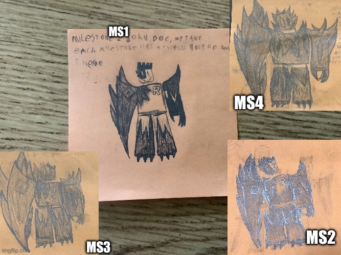 My take on the john doe milestones  [Excuse the ms2 photo being shiny the post it curled] | Ms1; Ms4; Ms2; Ms3 | image tagged in img_1065 jpeg | made w/ Imgflip meme maker