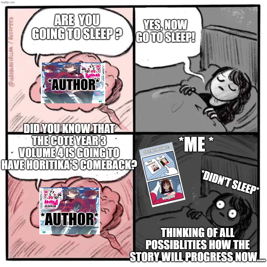 cote memes | Are  you going to sleep ? Yes, Now Go to sleep! *author*; Did you know that the cote year 3 volume 4 is going to have horitika's comeback? *ME *; *DIDN't sleep*; *author*; Thinking of all possiblities how the story will progress now.... | image tagged in are you sleeping brain | made w/ Imgflip meme maker