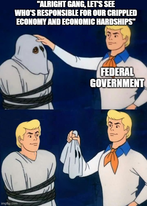Government breaks the economy and then claims that more government will fix the economy | "Alright gang, let's see who's responsible for our crippled economy and economic hardships"; federal government | image tagged in fred mask fred,politics,federal reserve,government,economy,socialism | made w/ Imgflip meme maker