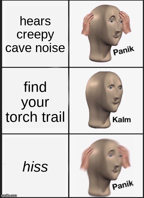 why notch | hears creepy cave noise; find your torch trail; hiss | image tagged in memes,panik kalm panik | made w/ Imgflip meme maker