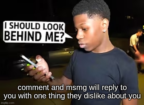I Should Look Behind Me? | comment and msmg will reply to you with one thing they dislike about you | image tagged in i should look behind me | made w/ Imgflip meme maker