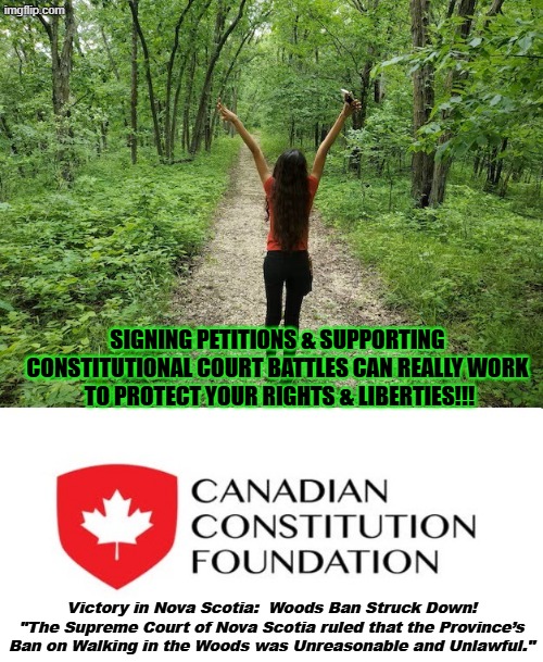 Walking in Nova Scotia's Woods Victory | Signing Petitions & supporting 
Constitutional Court Battles can really work 
to Protect your Rights & Liberties!!! Victory in Nova Scotia:  Woods Ban Struck Down!
"The Supreme Court of Nova Scotia ruled that the Province’s Ban on Walking in the Woods was Unreasonable and Unlawful." | image tagged in victory for walking in the woods jpg | made w/ Imgflip meme maker