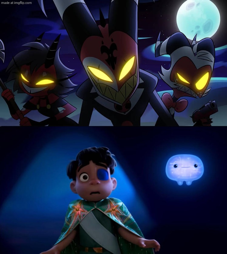 Elio is scared of Blitzo and his friends | image tagged in who is scared of blitzo and his friends,helluva boss,hazbin hotel,vivziepop,pixar,elio | made w/ Imgflip meme maker