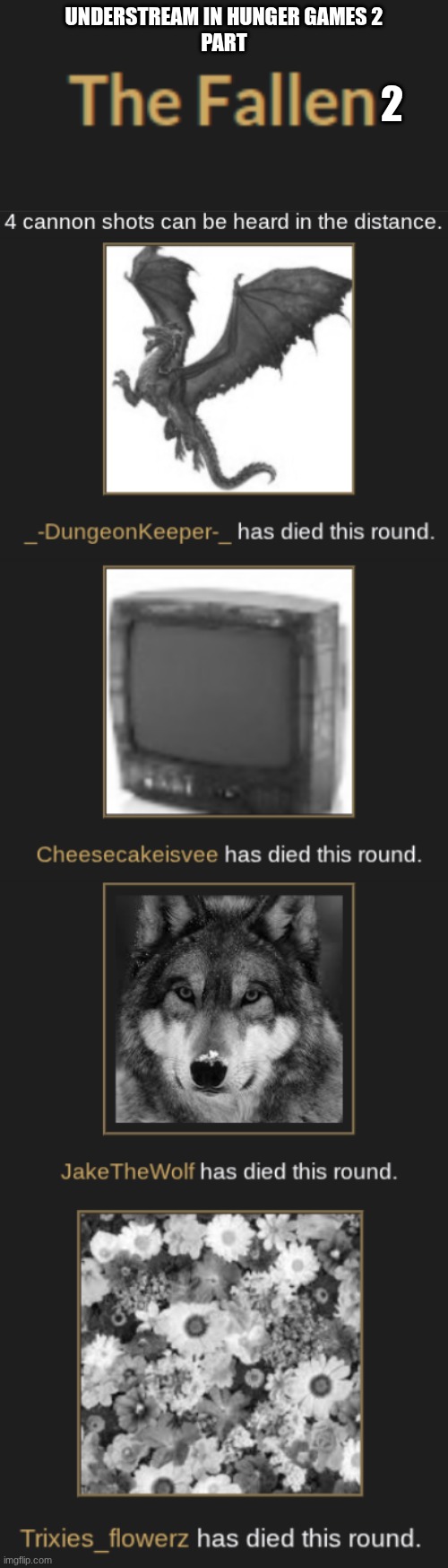 The fallen again | understream in hunger games 2
part; 2 | image tagged in no tags | made w/ Imgflip meme maker