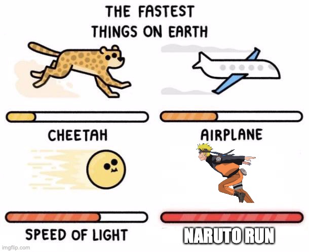 Fr | Naruto run | image tagged in the fastest things on earth cheetah airplane speed of light | made w/ Imgflip meme maker