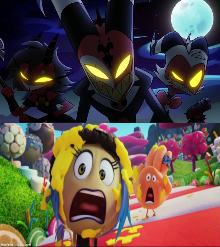 Jailbreak and Hi-5 is scared of Blitzo and his friends | image tagged in who is scared of blitzo and his friends,sony pictures animation,helluva boss,vivziepop,deviantart | made w/ Imgflip meme maker
