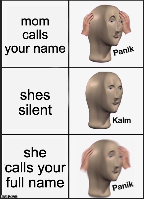 real | mom calls your name; shes silent; she calls your full name | image tagged in memes,panik kalm panik | made w/ Imgflip meme maker