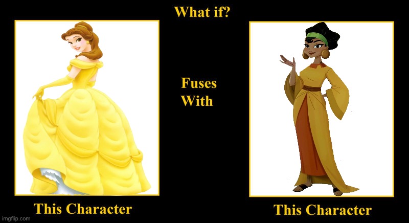 What if Princess Belle Fuses With Chicha | image tagged in blank fusion meme,beauty and the beast,the emperor's new groove,chicha,disney ladies,disney women | made w/ Imgflip meme maker