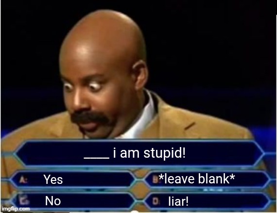4 question quiz | ____ i am stupid! *leave blank*; Yes; No; Iiar! | image tagged in 4 question quiz | made w/ Imgflip meme maker