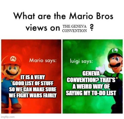 LUIGI WHAT ARE YOU DOING, JUST CALM DOWN | The Geneva Convention; Geneva convention? that's a weird way of saying my to-do list; it is a very good list of stuff so we can make sure we fight wars fairly | image tagged in mario says luigi says | made w/ Imgflip meme maker