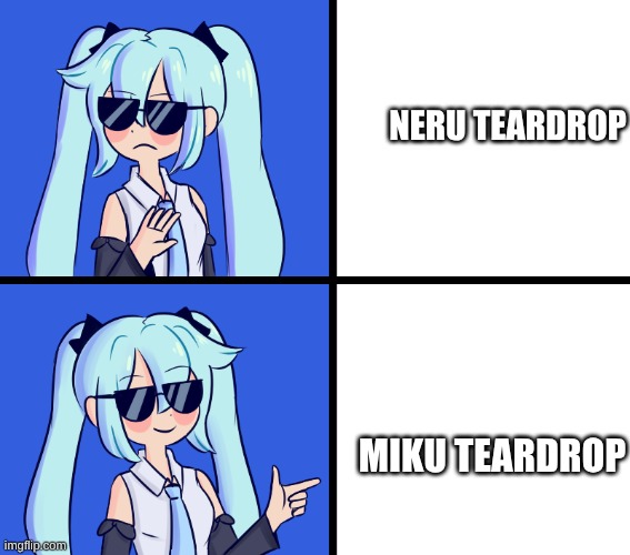 anyone can agree with me if they want but its just their opinion. | Neru teardrop; Miku Teardrop | image tagged in hatsune miku drake hotline | made w/ Imgflip meme maker