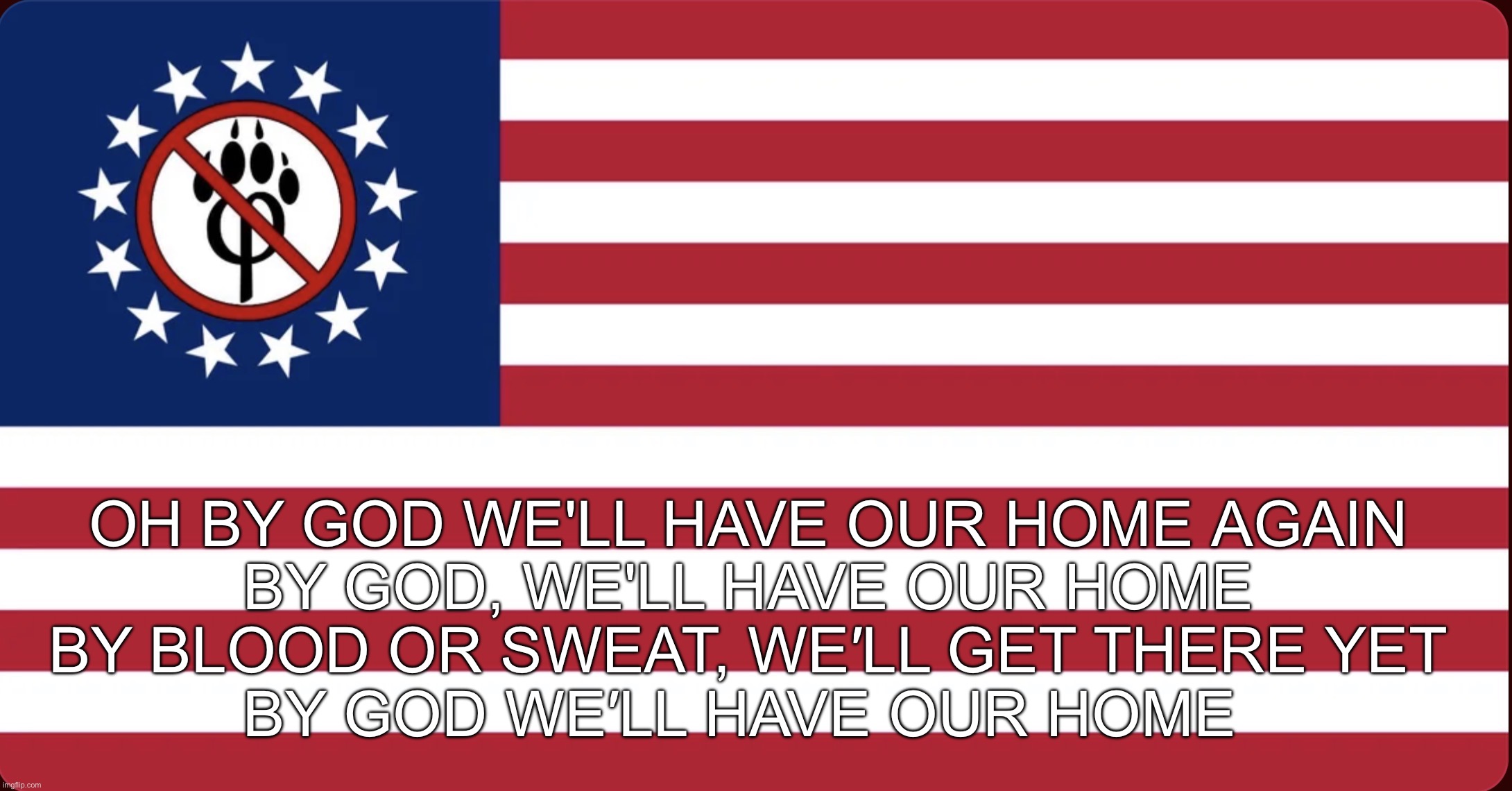 anti furry front | Oh by God we'll have our home again
By God, we'll have our home
By blood or sweat, we′ll get there yet
By God we′ll have our home | image tagged in american anti furry flag | made w/ Imgflip meme maker