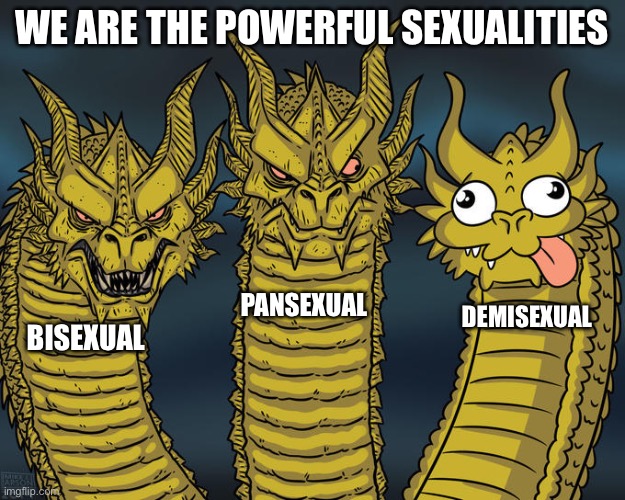 Bi! Pan! Demi? No hate to demisexuals cuz I’m pandemi myself lol | We are the powerful sexualities; Pansexual; Demisexual; Bisexual | image tagged in three-headed dragon | made w/ Imgflip meme maker