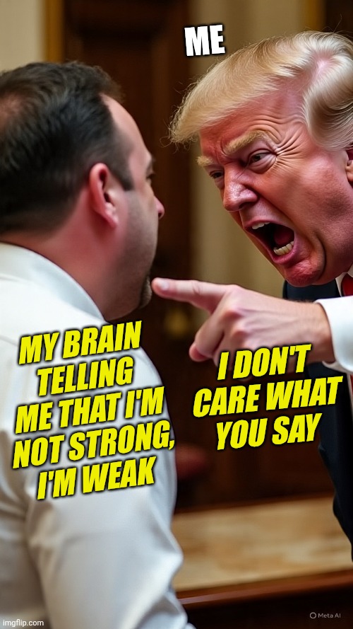 Me vs my Brain | Me; My brain telling me that I'm not strong, I'm weak; I don't care what you say | image tagged in president trump yells to man | made w/ Imgflip meme maker