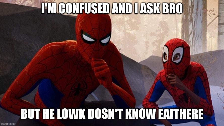 Spider-verse Meme | I'm confused and i ask bro; But he lowk dosn't know eaithere | image tagged in spider-verse meme | made w/ Imgflip meme maker