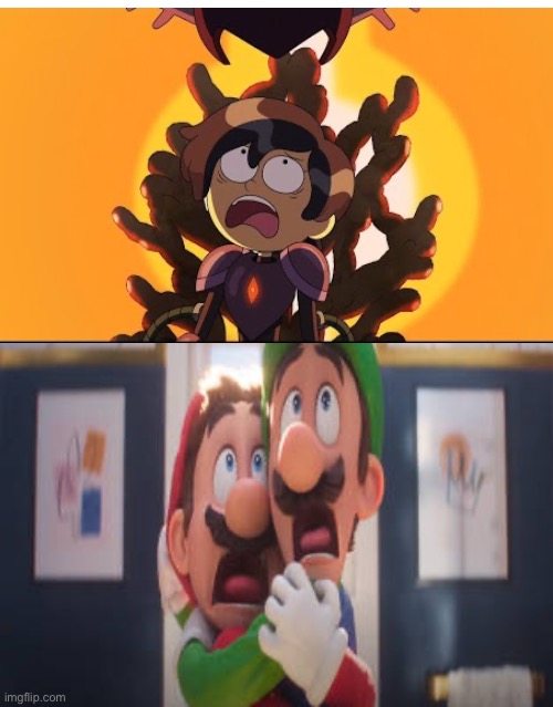Mario and Luigi terrified by Marcy being possessed (Darcy) | image tagged in mario and luigi scared of what,mario,luigi,amphibia,disney channel,reactions | made w/ Imgflip meme maker