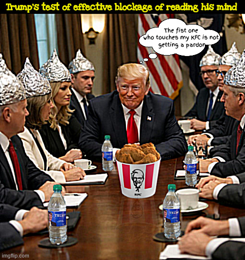 Trump's mindreading test | Trump's test of effective blockage of reading his mind; The fist one 
who touches my KFC is not 
getting a pardon | image tagged in trump's mindreading test,kfc,trump ice,tin-foil hats,trump's kissasses,maga mind control | made w/ Imgflip meme maker