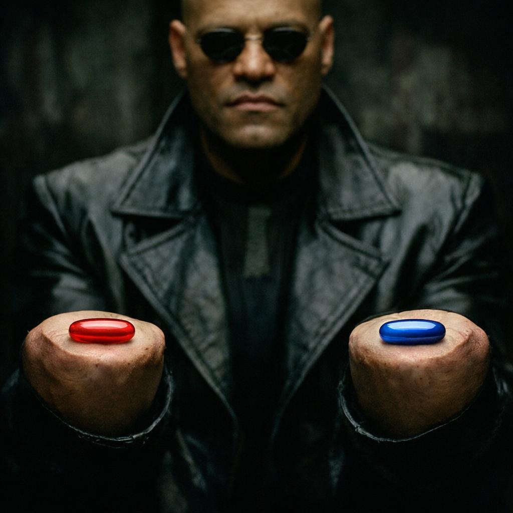 Red pill blue pill but remove both of his hands and have his wri Blank Meme Template