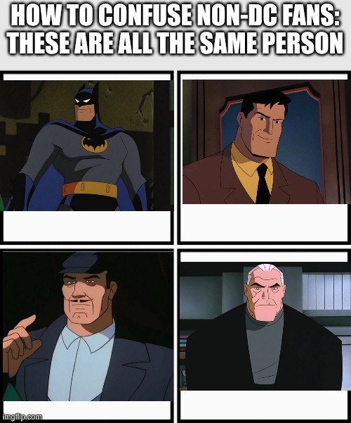 Let's confuse the Marvel fans | how to confuse non-dc fans: these are all the same person | image tagged in grid 4x4 | made w/ Imgflip meme maker