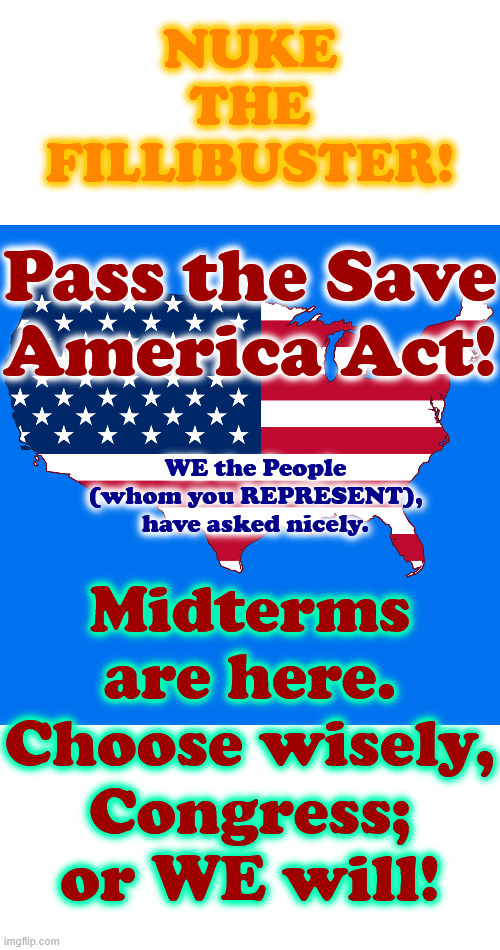 Pass The Save America Act! | Nuke The Fillibuster! Pass the Save America Act! Midterms are here.
Choose wisely, Congress; or WE will! WE the People (whom you REPRESENT), have asked nicely. | made w/ Imgflip meme maker