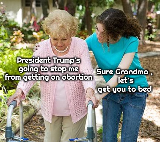 Sure grandma let's get you to bed | President Trump's going to stop me from getting an abortion Sure Grandma , 
let's get you to bed | image tagged in sure grandma let's get you to bed | made w/ Imgflip meme maker