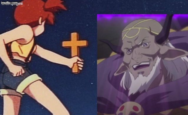 holding a cross trying to ward off Zolgia (aka Marquis Zolgear) | image tagged in misty holding a cross,zolgear,shinmai maou,anime,christian,the testament of sister new devil | made w/ Imgflip meme maker