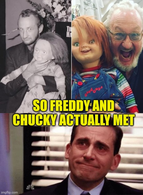 Robert Englund with Chucky doll ❤️ | So Freddy and Chucky actually met | image tagged in happy cry | made w/ Imgflip meme maker