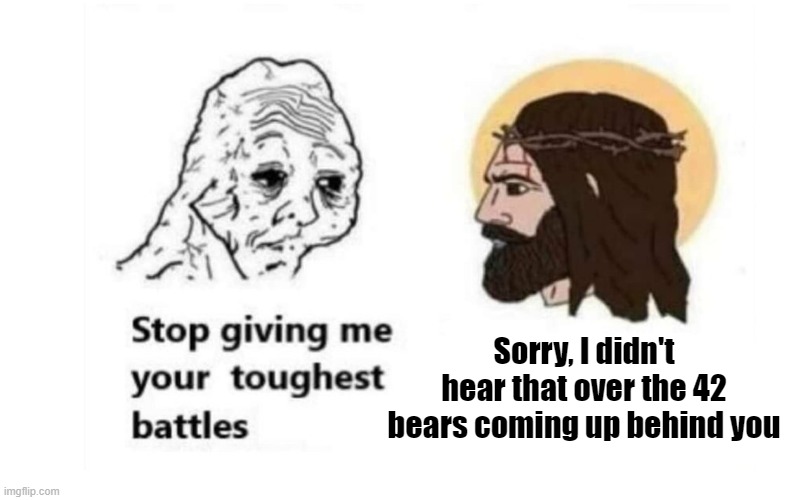 Get Good or Get Going | Sorry, I didn't hear that over the 42 bears coming up behind you | image tagged in stop giving me your toughest battles | made w/ Imgflip meme maker