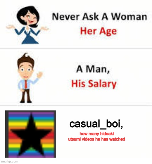 just dont | casual_boi, how many hideaki utsumi videos he has watched | image tagged in never ask a woman her age,memes,casual_boi,casual,bird | made w/ Imgflip meme maker