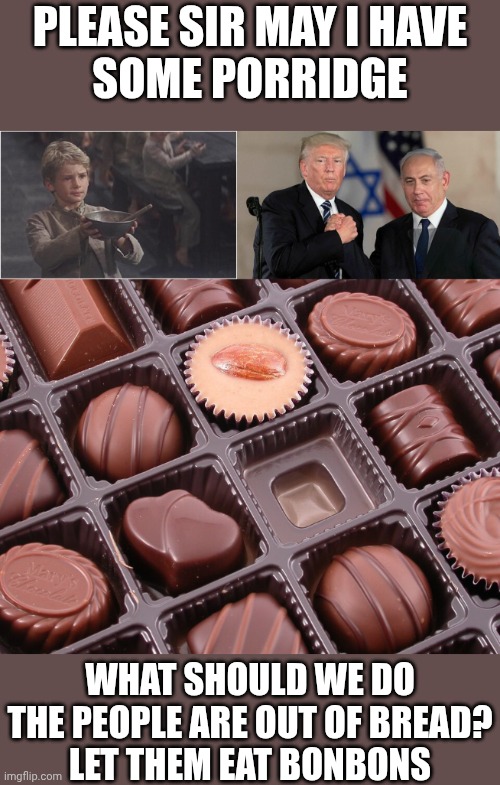 Please Sir May I have
Some porridge; What should we do the people are out of bread?
Let them eat bonbons | image tagged in oliver twist please sir,trump and netanyahu bro shake,bonbon dessert candy | made w/ Imgflip meme maker