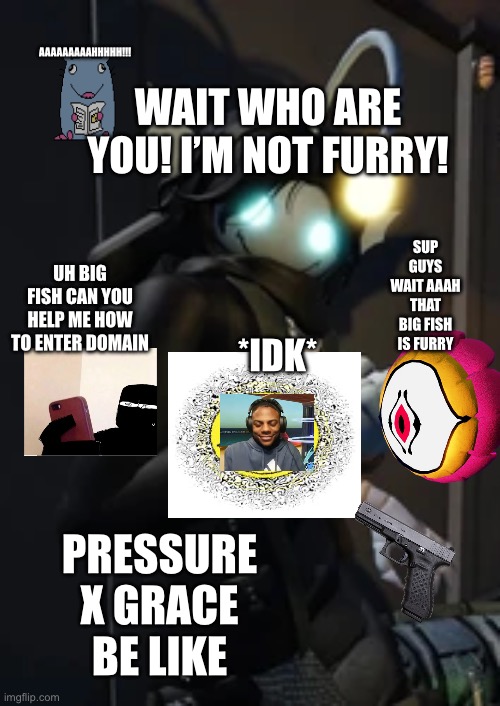 Pressure x grace | Aaaaaaaaahhhhh!!! Wait who are you! I’m not furry! Sup guys wait aaah that big fish is furry; Uh big fish can you help me how to enter domain; *idk*; Pressure x grace be like | image tagged in oh my goodness sebastian solace | made w/ Imgflip meme maker