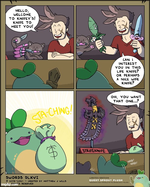 Quest Sprout buys a knife! | image tagged in swords,sprout,quest,shop,knives,rhymes | made w/ Imgflip meme maker