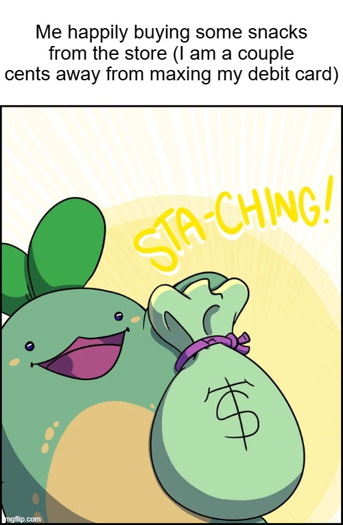 Me happily buying some snacks from the store (I am a couple cents away from maxing my debit card) | image tagged in quest sprout holding a bag of money | made w/ Imgflip meme maker