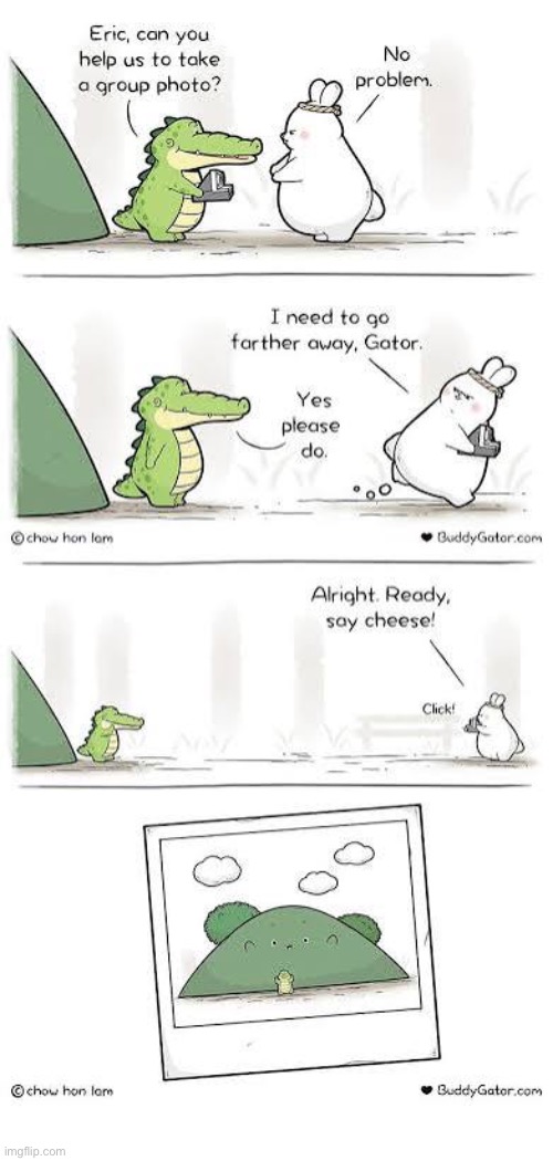 Buddy Gator | image tagged in comics,buddy gator,bunny,take a picture,get back,say cheese | made w/ Imgflip meme maker