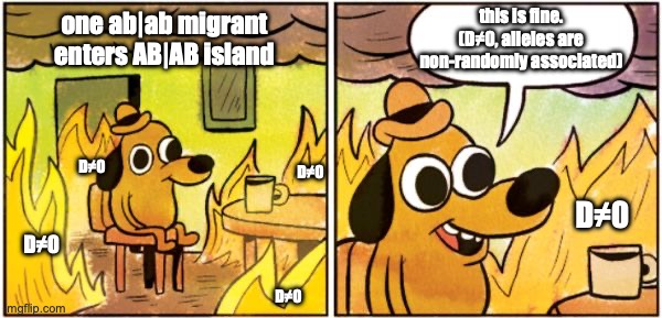 burning dog | this is fine.
(D≠0, alleles are non-randomly associated); one ab|ab migrant enters AB|AB island; D≠0; D≠0; D≠0; D≠0; D≠0 | image tagged in burning dog | made w/ Imgflip meme maker
