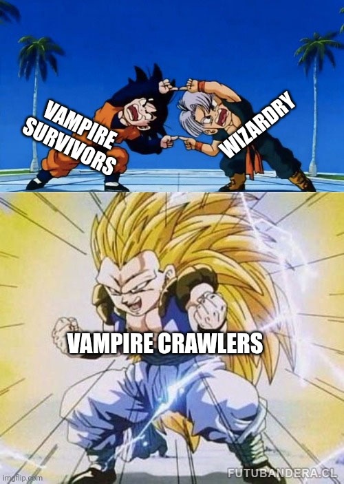 Vampire Crawlers: Vampire Survivors' Deckbuilding Spinoff Fusion Dance Edition | Vampire Survivors; Wizardry; Vampire Crawlers | image tagged in dbz fusion,vampire survivor,synthesis | made w/ Imgflip meme maker