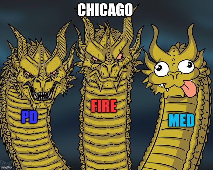 Chicago | Chicago; Fire; PD; Med | image tagged in three-headed dragon | made w/ Imgflip meme maker