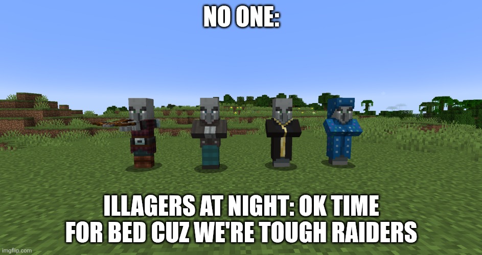 Illagers | No one:; Illagers at night: ok time for bed cuz we're tough raiders | image tagged in illagers,memes,minecraft,funny | made w/ Imgflip meme maker