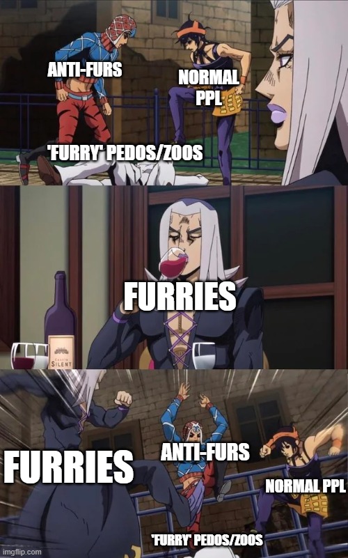 They aren't one of us if they do.. that. | Anti-furs; Normal ppl; 'furry' pedos/zoos; Furries; Anti-furs; Furries; Normal ppl; 'furry' pedos/zoos | image tagged in jojo beating,furries,anti furry | made w/ Imgflip meme maker